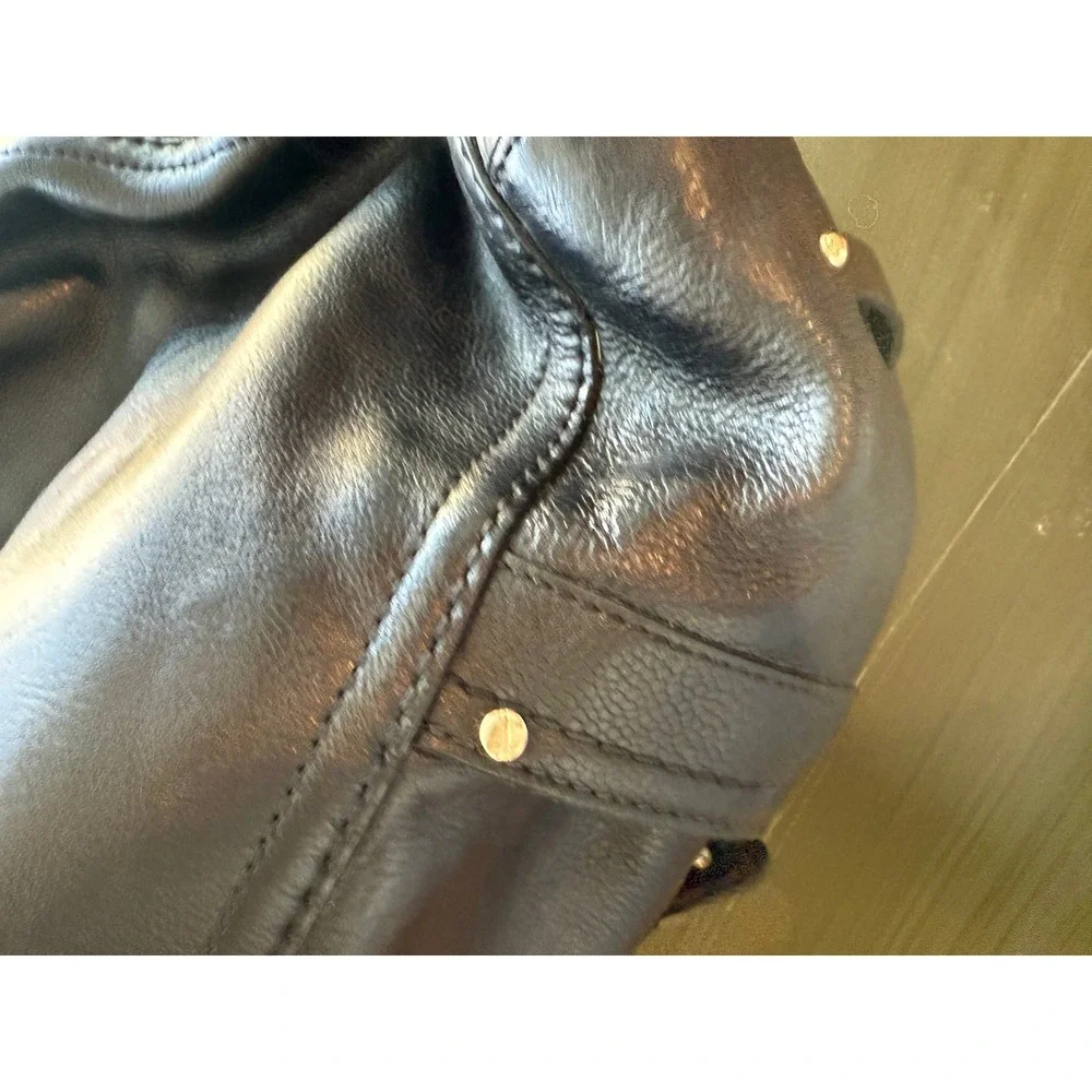 Cole Haan Black‎ Leather Hobo Shoulder Bag Drawstring Buckle Accents Gold